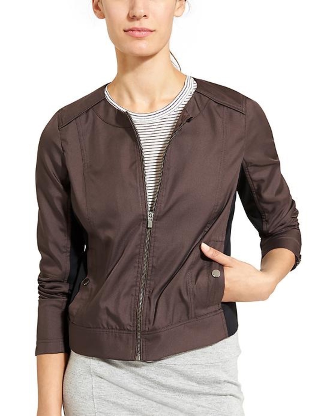 NWOT ATHLETA Left Bank Moto Jacket M Brown Taupe Zip Front Bomber